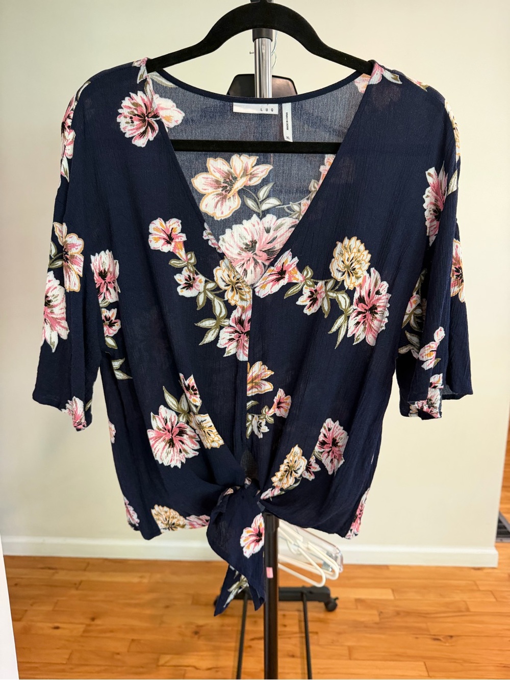 Navy Floral Tie-Front Button Down Top - L.O.G.G.